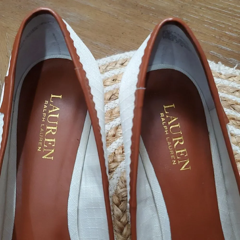 Lauren by Ralph Lauren Nella Espadrille Wedge Sandals White/Tan 9.5B